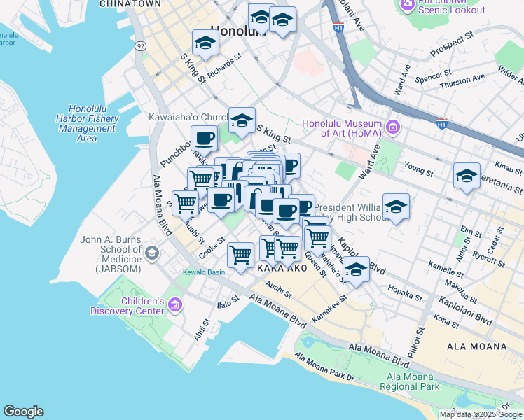 map of restaurants, bars, coffee shops, grocery stores, and more near 605 Cooke Street in Honolulu