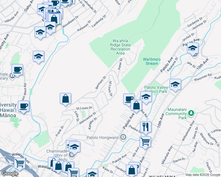 map of restaurants, bars, coffee shops, grocery stores, and more near 2272 Noah Street in Honolulu