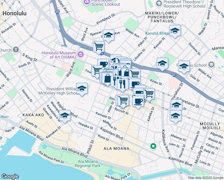 map of restaurants, bars, coffee shops, grocery stores, and more near Piikoi Street in Honolulu