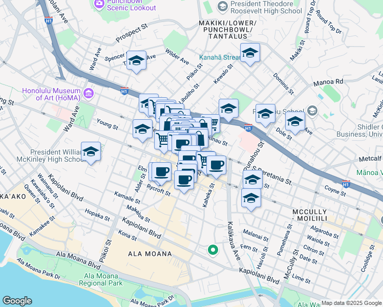 map of restaurants, bars, coffee shops, grocery stores, and more near 1334 Young Street in Honolulu