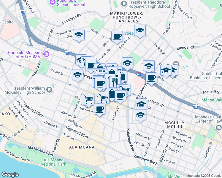 map of restaurants, bars, coffee shops, grocery stores, and more near 1406 South Beretania Street in Honolulu