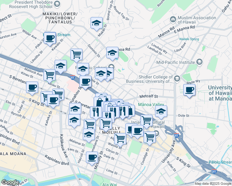 map of restaurants, bars, coffee shops, grocery stores, and more near 1820 Dole Street in Honolulu
