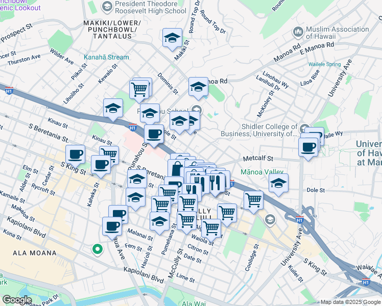 map of restaurants, bars, coffee shops, grocery stores, and more near in Honolulu