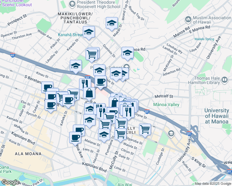 map of restaurants, bars, coffee shops, grocery stores, and more near 1718 Clark Street in Honolulu