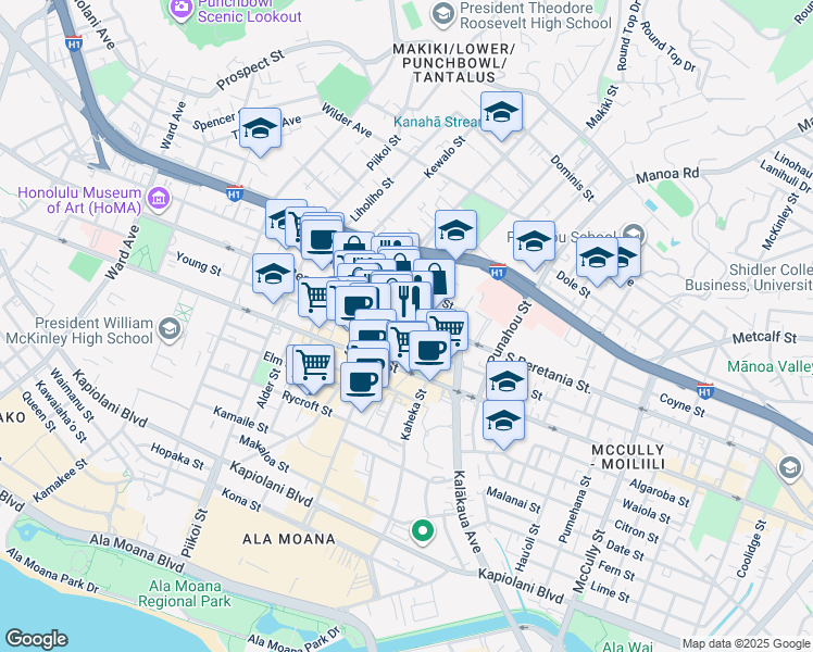map of restaurants, bars, coffee shops, grocery stores, and more near 1406 South Beretania Street in Honolulu