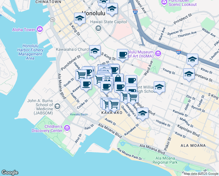 map of restaurants, bars, coffee shops, grocery stores, and more near 764e Kawaiahao Street in Honolulu