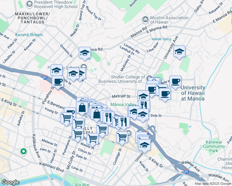 map of restaurants, bars, coffee shops, grocery stores, and more near 1708 Nakiu Place in Honolulu