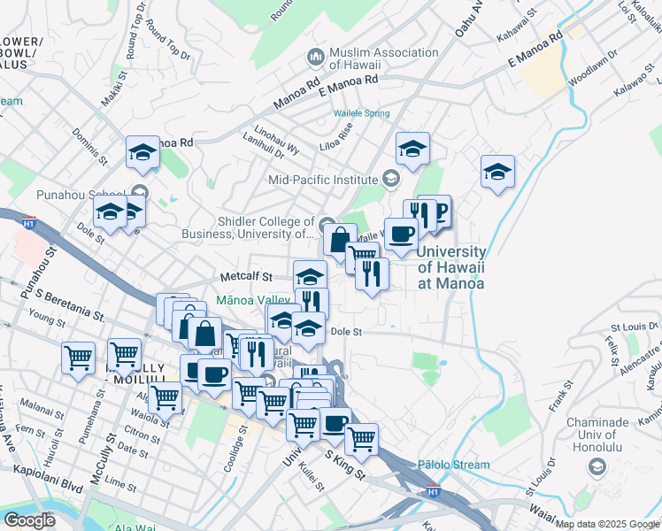 map of restaurants, bars, coffee shops, grocery stores, and more near 1899 University Avenue in Honolulu