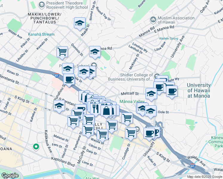 map of restaurants, bars, coffee shops, grocery stores, and more near 2037 Clement Street in Honolulu