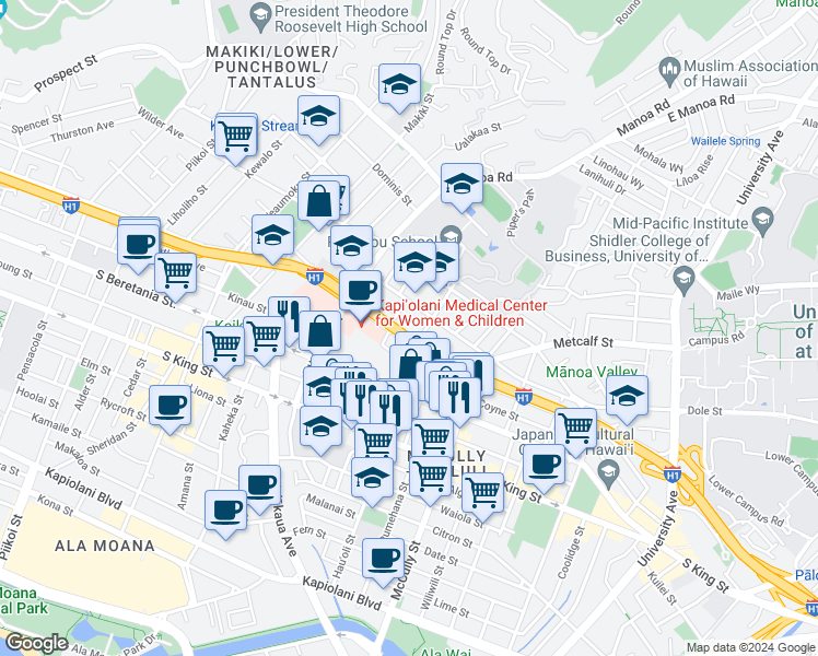 map of restaurants, bars, coffee shops, grocery stores, and more near 1718 Clark Street in Honolulu