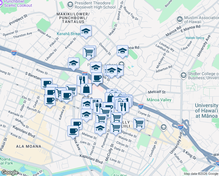 map of restaurants, bars, coffee shops, grocery stores, and more near 1718 Clark Street in Honolulu