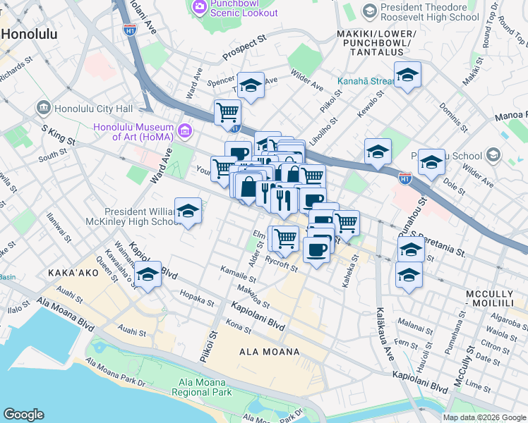 map of restaurants, bars, coffee shops, grocery stores, and more near in Honolulu