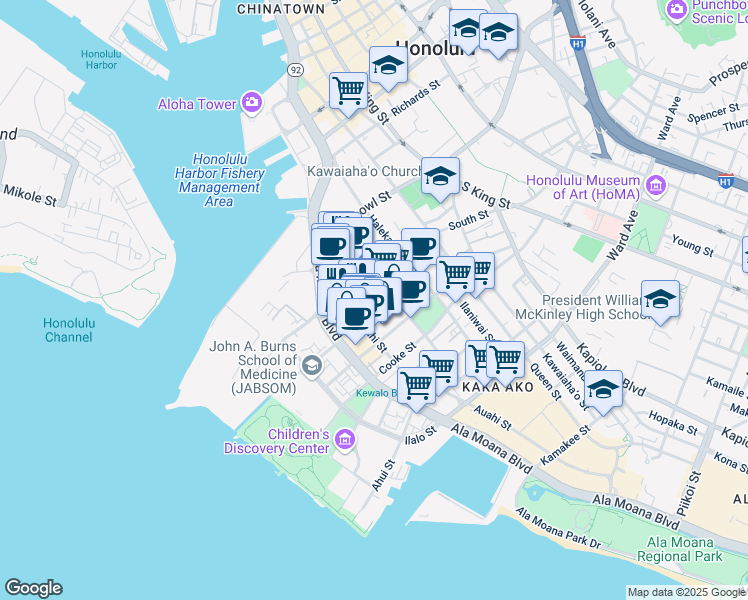 map of restaurants, bars, coffee shops, grocery stores, and more near 419 South Street in Honolulu