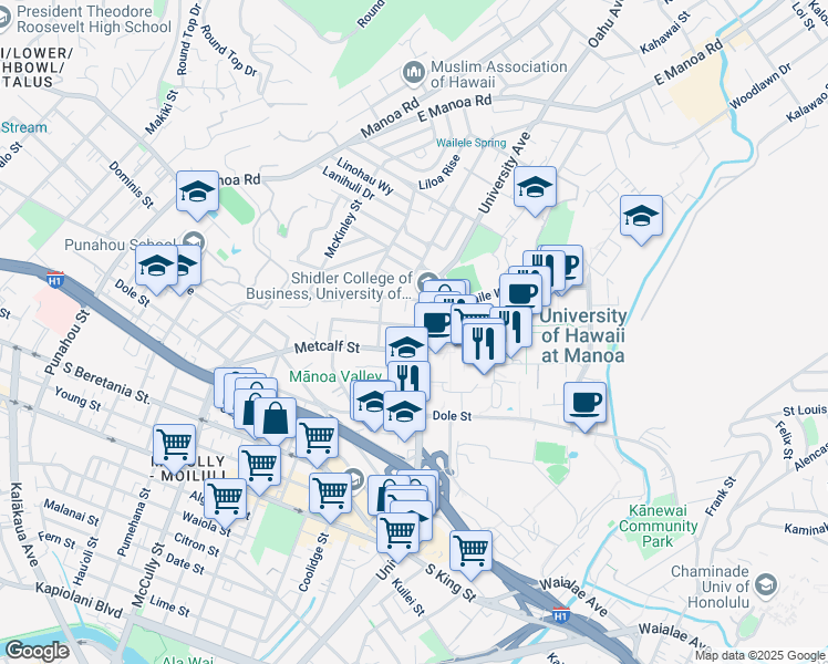 map of restaurants, bars, coffee shops, grocery stores, and more near 1810 University Avenue in Honolulu