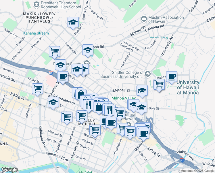 map of restaurants, bars, coffee shops, grocery stores, and more near 2037 Clement Street in Honolulu