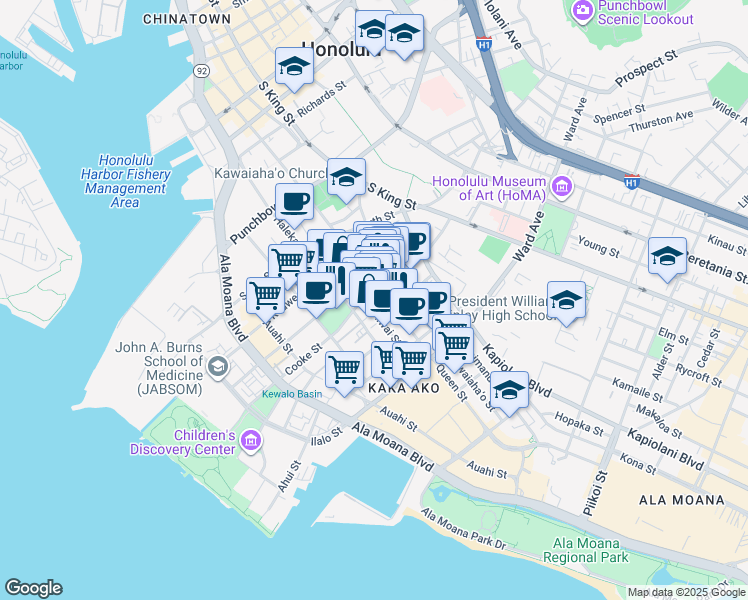 map of restaurants, bars, coffee shops, grocery stores, and more near 611 Cooke Street in Honolulu