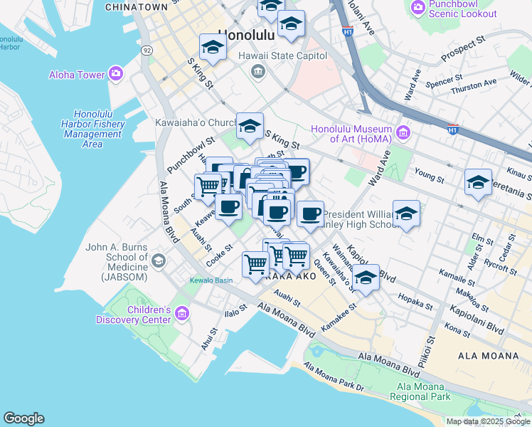map of restaurants, bars, coffee shops, grocery stores, and more near 605 Cooke Street in Honolulu