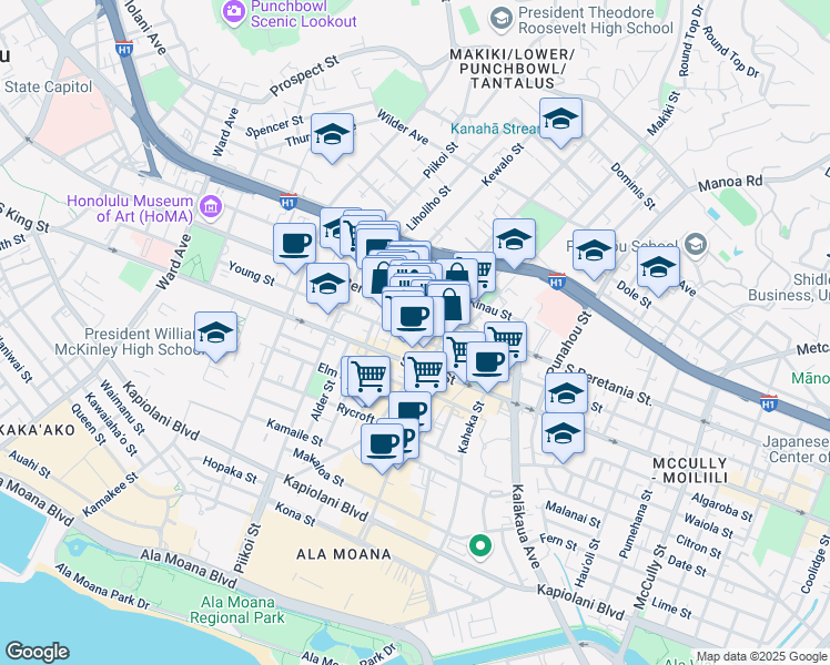 map of restaurants, bars, coffee shops, grocery stores, and more near 1334 Young Street in Honolulu