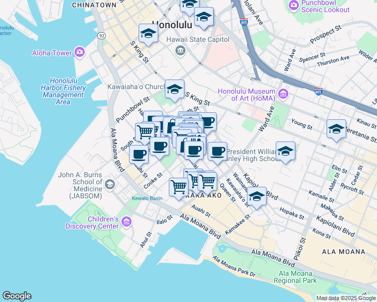map of restaurants, bars, coffee shops, grocery stores, and more near 611 Cooke Street in Honolulu