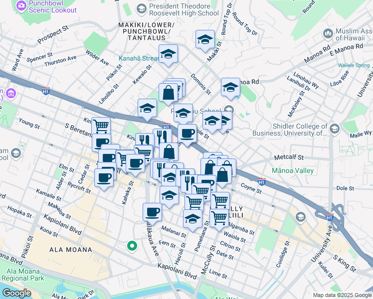 map of restaurants, bars, coffee shops, grocery stores, and more near 1319 Punahou Street in Honolulu