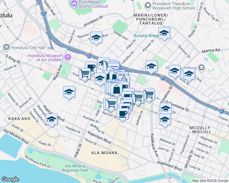 map of restaurants, bars, coffee shops, grocery stores, and more near 1254 Young Street in Honolulu