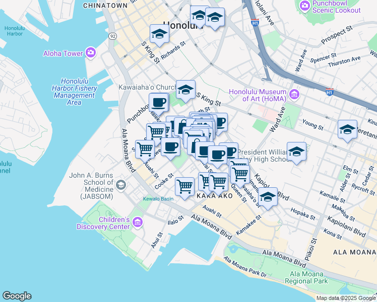 map of restaurants, bars, coffee shops, grocery stores, and more near 611 Cooke Street in Honolulu