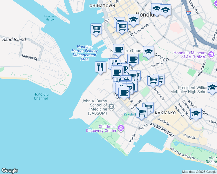 map of restaurants, bars, coffee shops, grocery stores, and more near 595 Ala Moana Boulevard in Honolulu