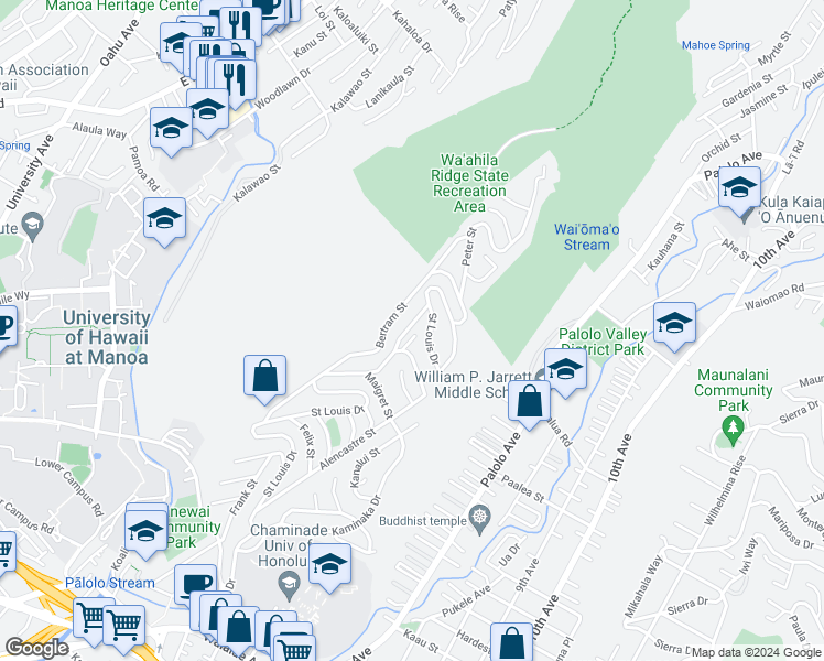 map of restaurants, bars, coffee shops, grocery stores, and more near 2033 Oswald Street in Honolulu