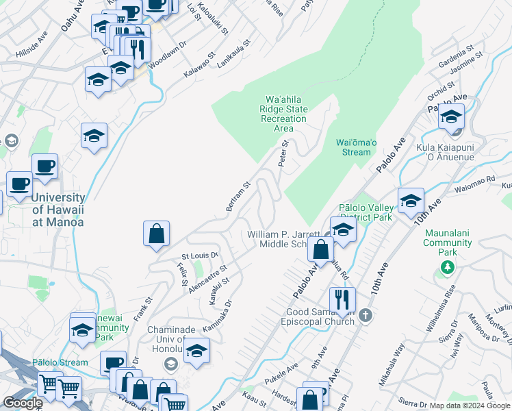 map of restaurants, bars, coffee shops, grocery stores, and more near 2222 Saint Louis Drive in Honolulu