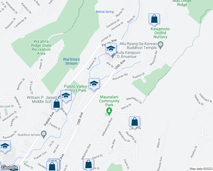 map of restaurants, bars, coffee shops, grocery stores, and more near 2161 10th Avenue in Honolulu