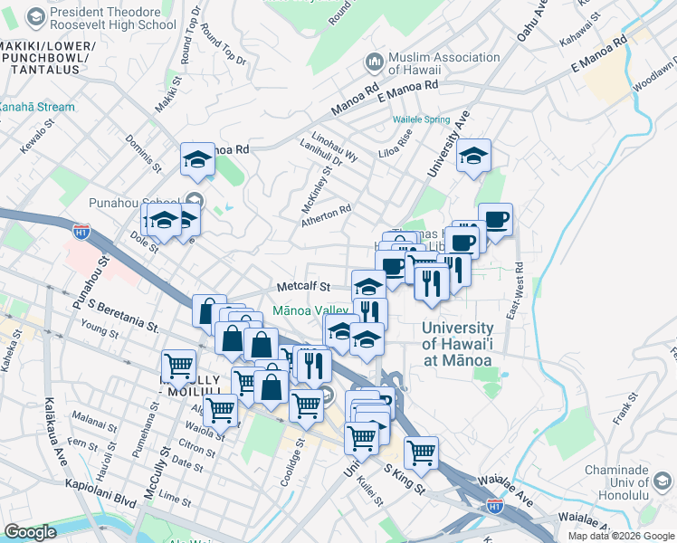 map of restaurants, bars, coffee shops, grocery stores, and more near 2249 Seaview Avenue in Honolulu