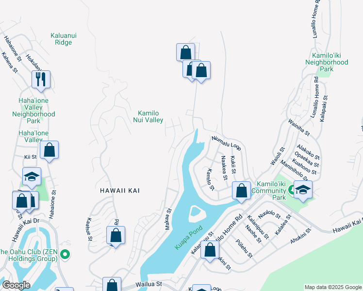map of restaurants, bars, coffee shops, grocery stores, and more near 7496 Makaa Street in Honolulu