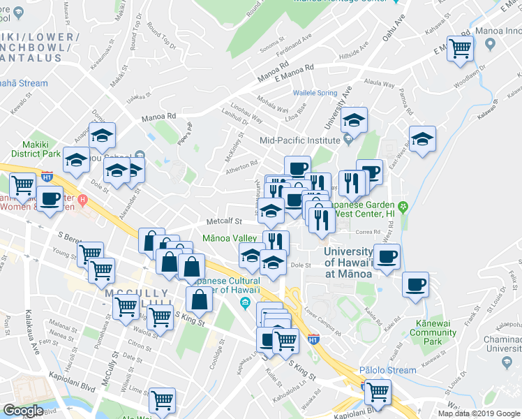 map of restaurants, bars, coffee shops, grocery stores, and more near 1727 Hunnewell Street in Honolulu