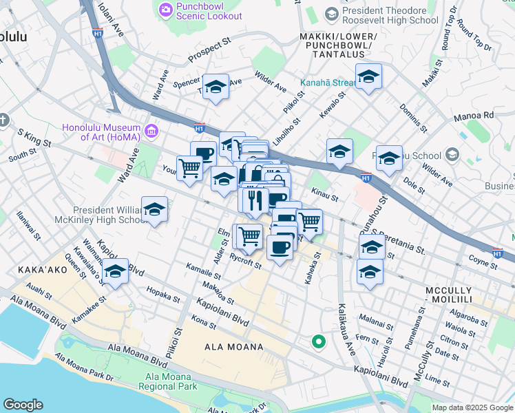 map of restaurants, bars, coffee shops, grocery stores, and more near 1254 Young Street in Honolulu