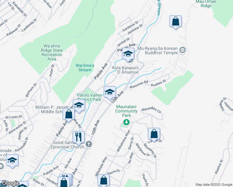 map of restaurants, bars, coffee shops, grocery stores, and more near 2106 10th Avenue in Honolulu