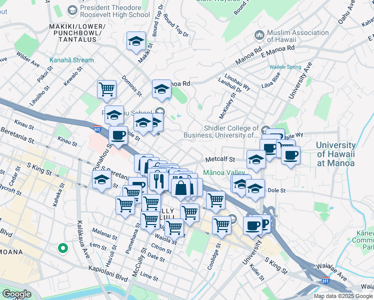 map of restaurants, bars, coffee shops, grocery stores, and more near 2037 Clement Street in Honolulu