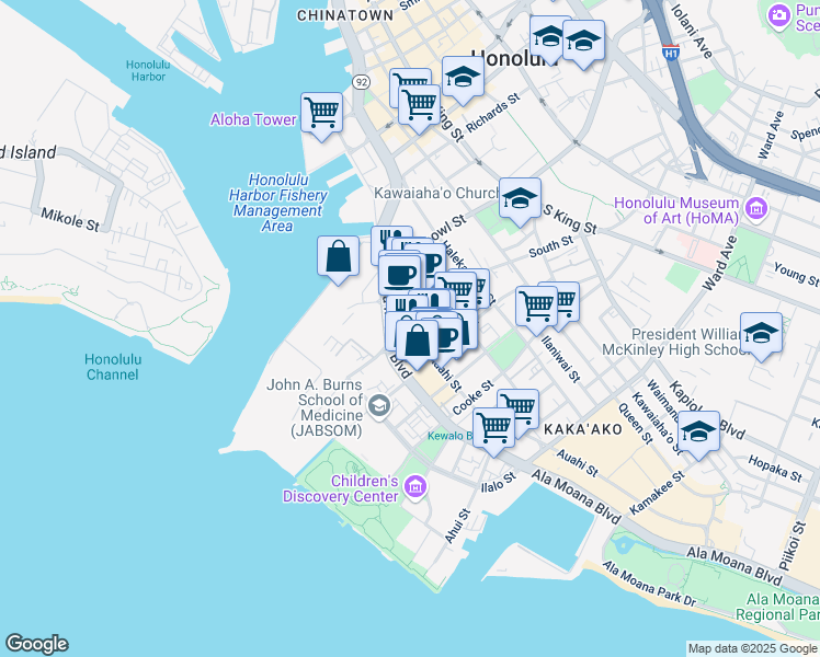 map of restaurants, bars, coffee shops, grocery stores, and more near Auahi St & South St in Honolulu