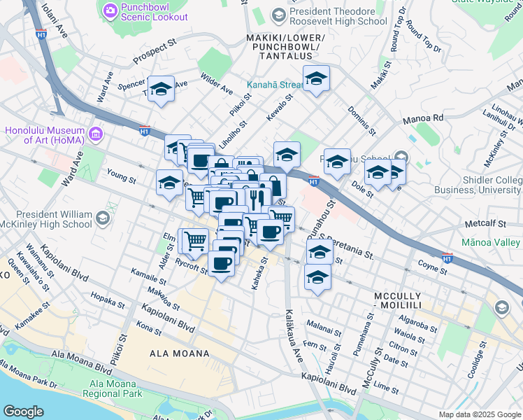 map of restaurants, bars, coffee shops, grocery stores, and more near 765 Makiki Street in Honolulu