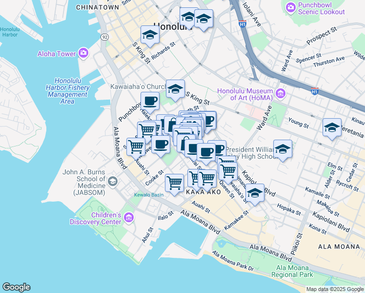map of restaurants, bars, coffee shops, grocery stores, and more near 611 Cooke Street in Honolulu
