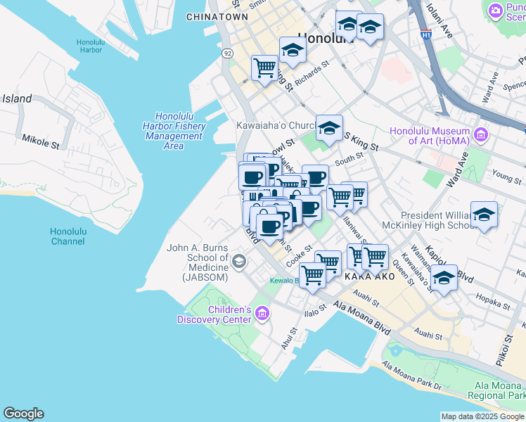 map of restaurants, bars, coffee shops, grocery stores, and more near 415 South Street in Honolulu