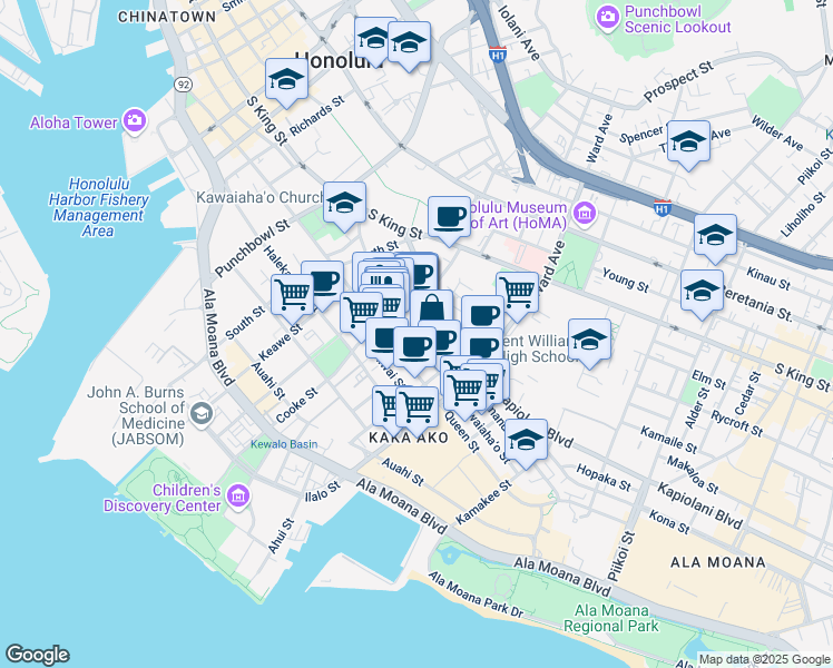 map of restaurants, bars, coffee shops, grocery stores, and more near 764e Kawaiahao Street in Honolulu