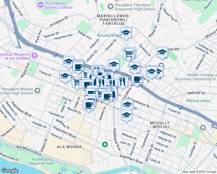 map of restaurants, bars, coffee shops, grocery stores, and more near 1450 South Beretania Street in Honolulu