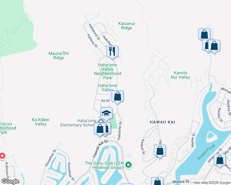map of restaurants, bars, coffee shops, grocery stores, and more near 684 Hahaione Street in Honolulu