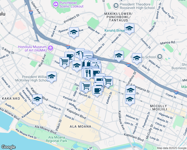 map of restaurants, bars, coffee shops, grocery stores, and more near 1254 Young Street in Honolulu