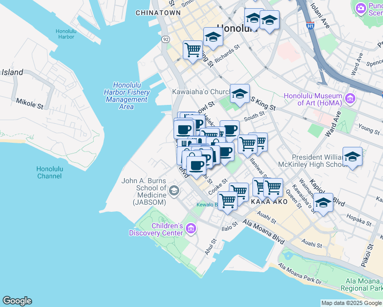 map of restaurants, bars, coffee shops, grocery stores, and more near 419 South Street in Honolulu