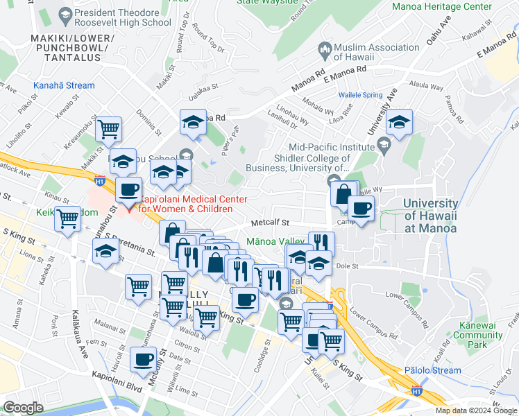 map of restaurants, bars, coffee shops, grocery stores, and more near 2134 Chamberlain Street in Honolulu