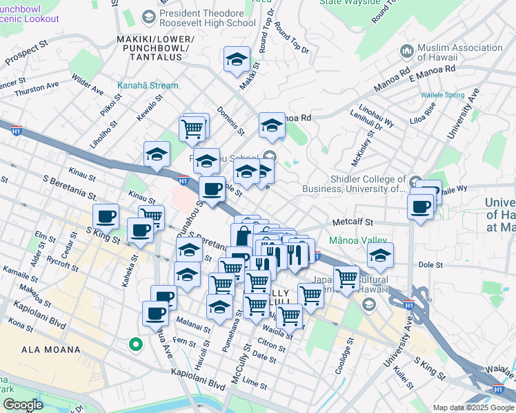 map of restaurants, bars, coffee shops, grocery stores, and more near Dole St & Alexander St in Honolulu