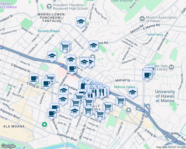 map of restaurants, bars, coffee shops, grocery stores, and more near in Honolulu