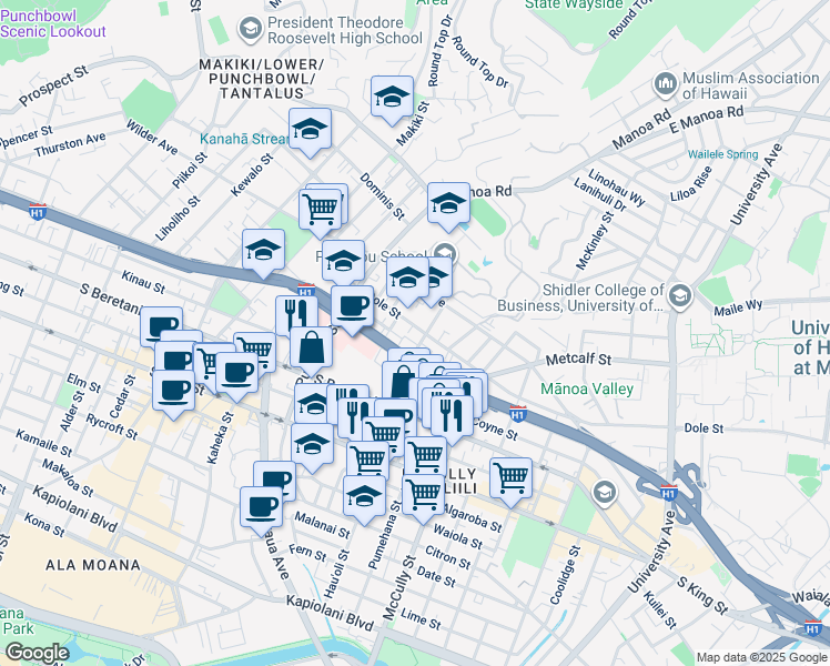 map of restaurants, bars, coffee shops, grocery stores, and more near 1718 Clark Street in Honolulu