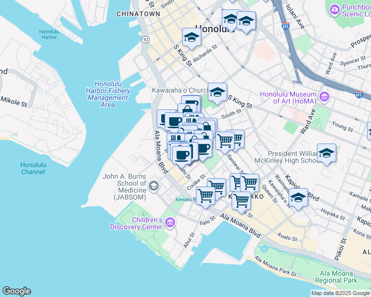 map of restaurants, bars, coffee shops, grocery stores, and more near 661 Pohukaina Street in Honolulu